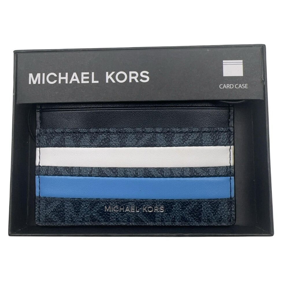 Michael Kors Card Case Wallet Mens Blue Multi Stripe Logo Malone